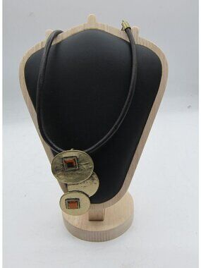 VLCM Statement Necklace Leather Cord Brass Tone Disc Pendant Orange Geometric